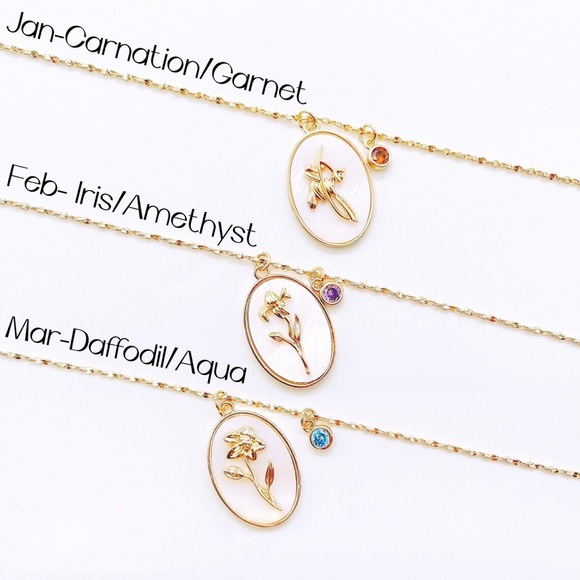 New Birth Flower Necklace with Birthstone Gold Necklace, Mother of Pearl Pendant - Picture 7 of 7